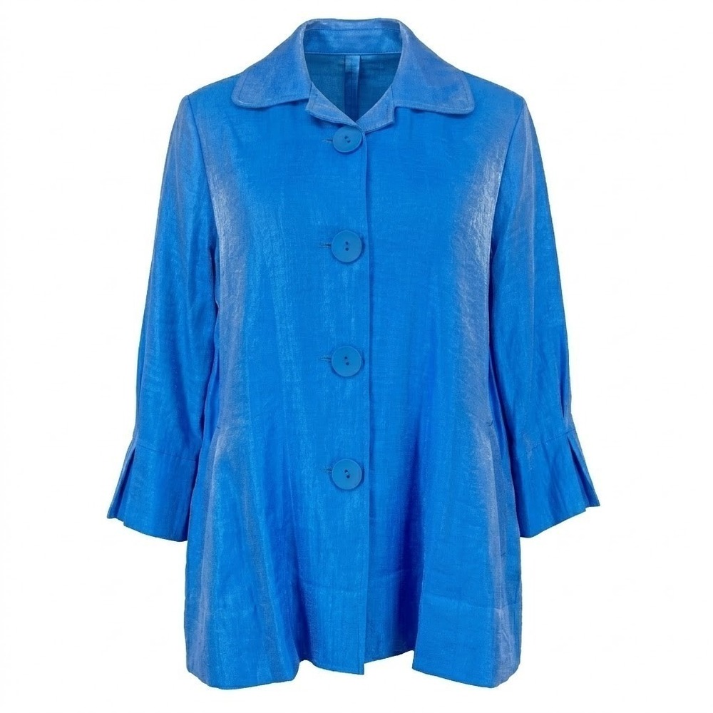 NEW Ali Miles Women's SMALL Blue Shimmer Button Front Swing Jacket 3/4 Sleeve